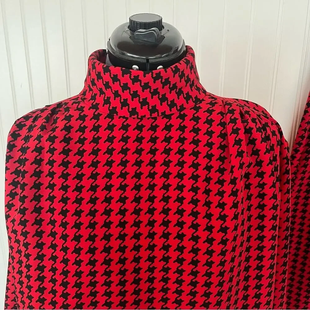 Vintage 80s 90s Red and Black Matching Top Skirt and Scarf Bow Tie Neck Size 12
